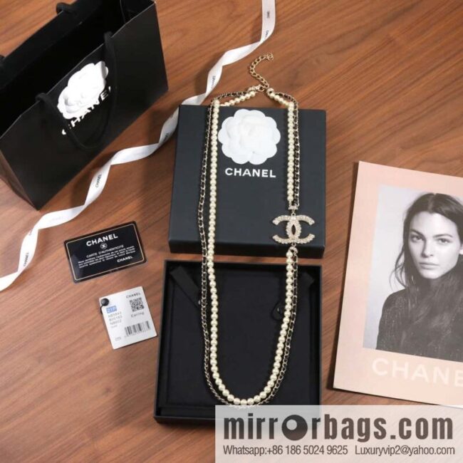 ☀️New ☑️ Chanel Double C Pearl Black Leather Rope Double Sweater Chain Necklace ☀️