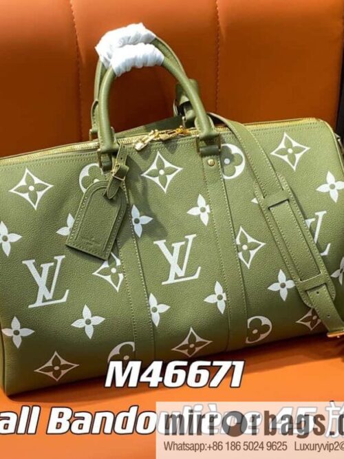 [Boutique‑grade] M46671 grass green, full leather embossed silk screen printing travel bag series Keepall Bandoulière 45 travel bag M46670 M46671