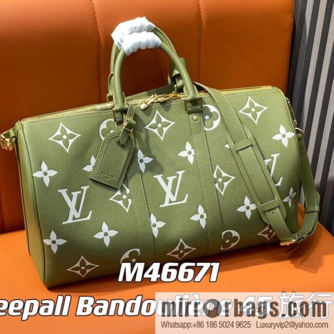 [Boutique‑grade] M46671 grass green, full leather embossed silk screen printing travel bag series Keepall Bandoulière 45 travel bag M46670 M46671