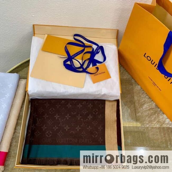 LV Louis Vuitton On The Edge Monogram Wool Mulberry Silk Blended Shawl M76371 M76465 M76372