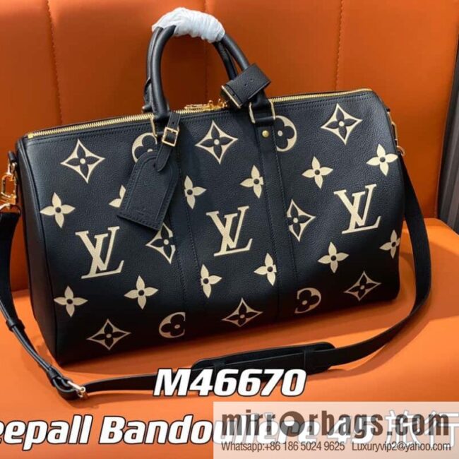 [Premium‑quality] M46670 black full leather embossed silk screen printing travel bag series Keepall Bandoulière 45 travel bag M46670 M46671