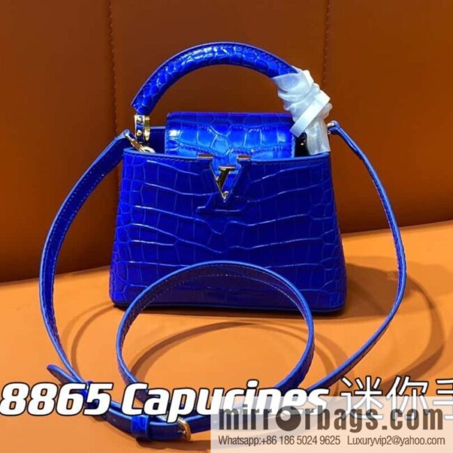 [Boutique‑grade] M48865 blue, crocodile pattern full leather cap that English series Capucines mini handbag