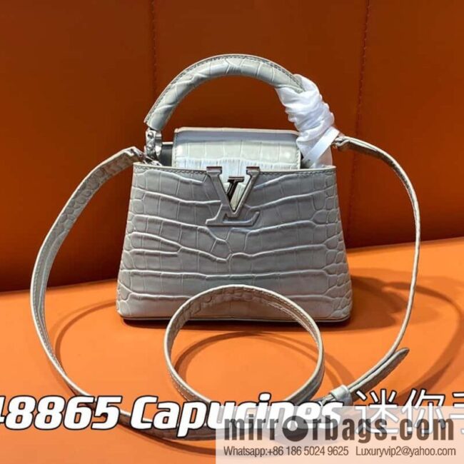 [Boutique‑grade] M48865 gray, crocodile pattern full leather cap that English series Capucines mini handbag