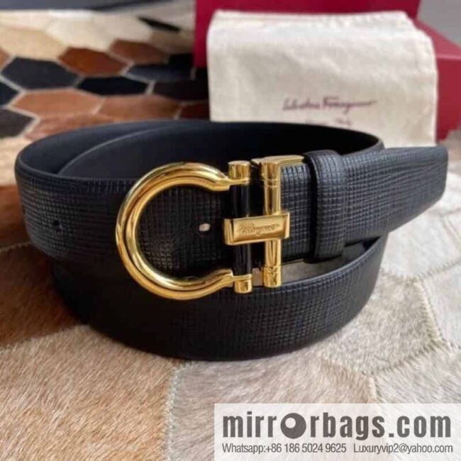 Salvatore Ferragamo (Italy) Men\'s Belt 3.5cm Imported First Layer Cowhide Pressed Texture Delicate Semicircular Metal Buckle Belt