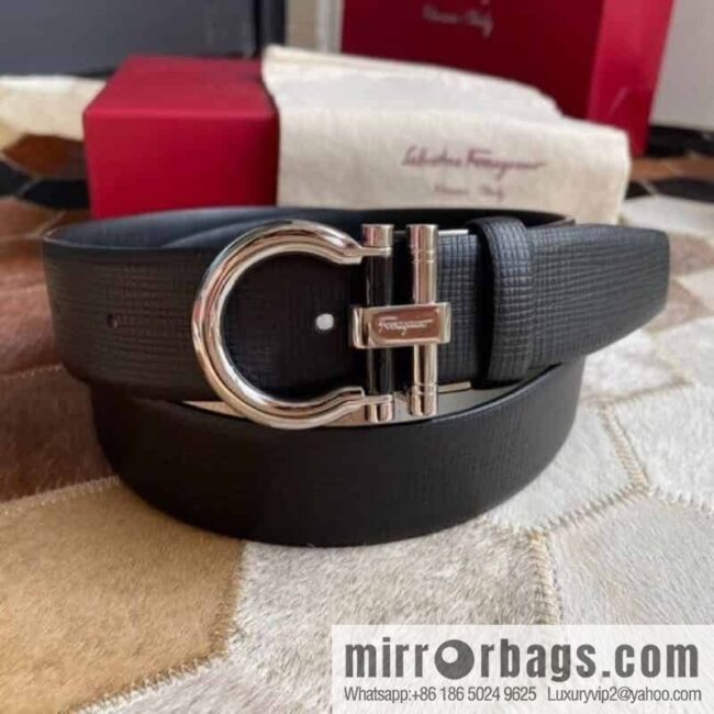Salvatore Ferragamo (Italy) Men\'s Belt 3.5cm Imported First Layer Cowhide Pressed Texture Delicate Semicircular Metal Buckle Belt