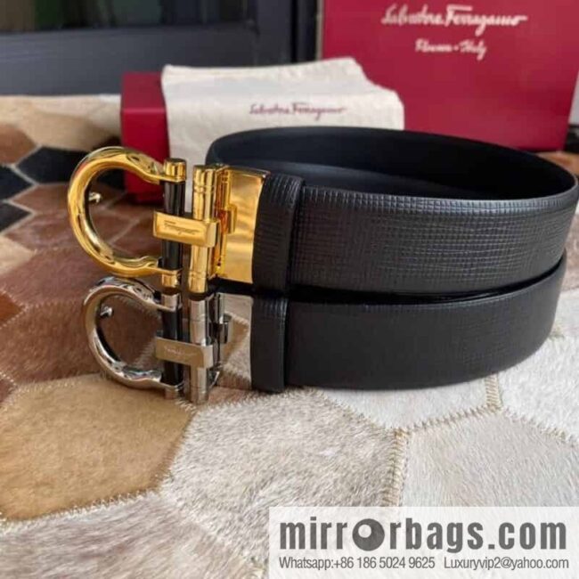 Salvatore Ferragamo (Italy) Men\'s Belt 3.5cm Imported First Layer Cowhide Pressed Texture Delicate Semicircular Metal Buckle Belt