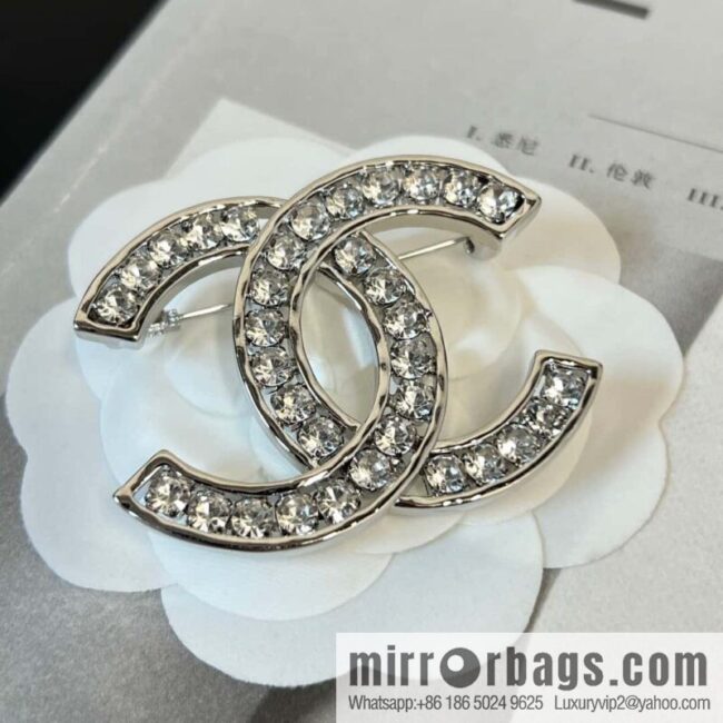 New, Chanel Silver Double C Full Diamond Brooch