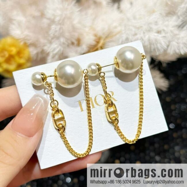 New ☑️ DIOR gold CD size pearl tassel stud earrings