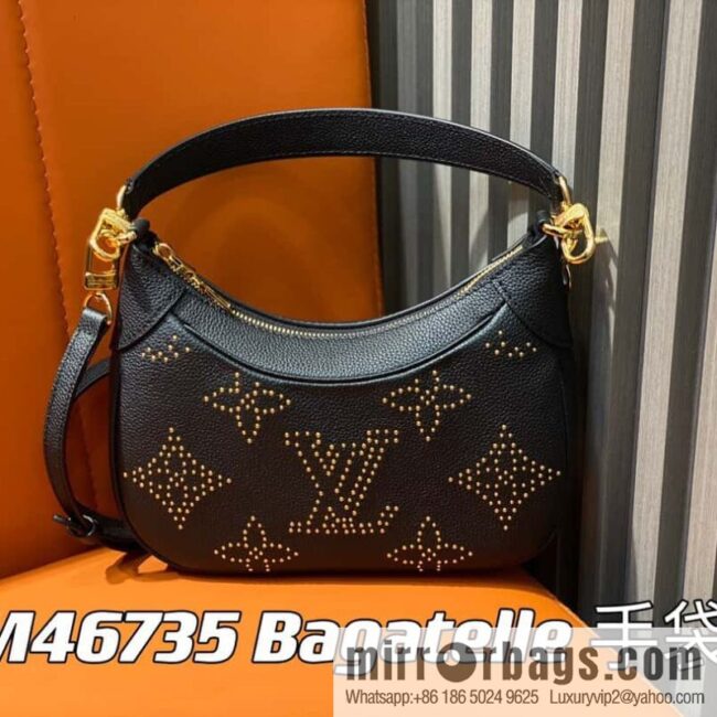 [Boutique‑grade] M46735 black full leather willow nail croissant series, this Bagatelle handbag m46091 full leather rivet with nails, crescent bag, pea bag, croissant bag
