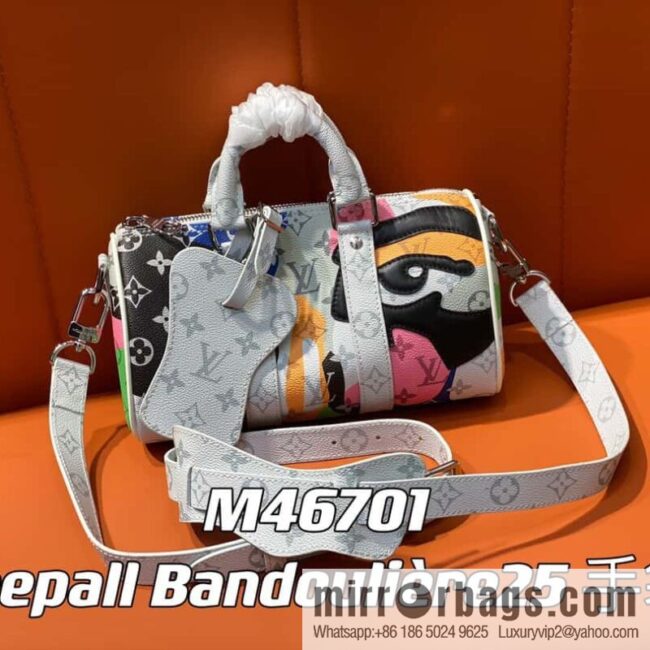 [Boutique‑grade] M46701 white flower, men\'s bag pillow bag series Keepall Bandoulière 25 handbag LVPortrait series shoulder backpack