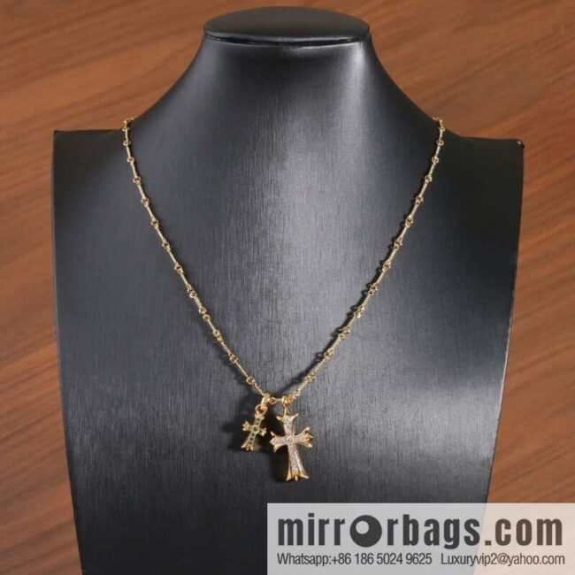 ☀New Crowe Heart Green Diamond Double Cross Necklace ☀