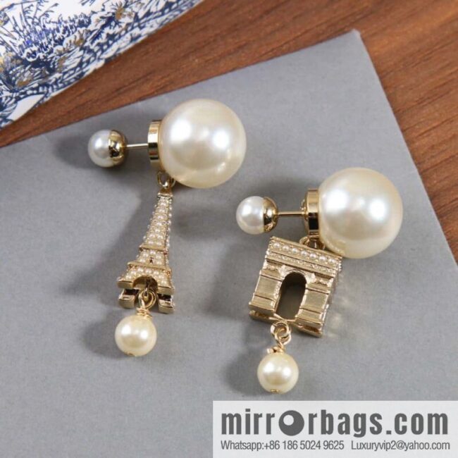 New ☑️ Dior size pearl Eiffel Tower Arc de Triomphe stud earrings
