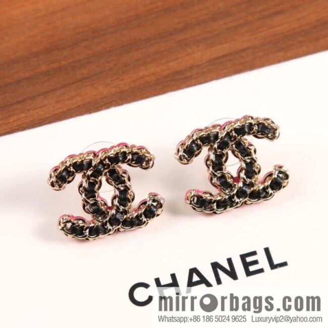 ☀️New ☑️ Chanel C1 double c black leather rope stud earrings ☀️ full set CHANEL