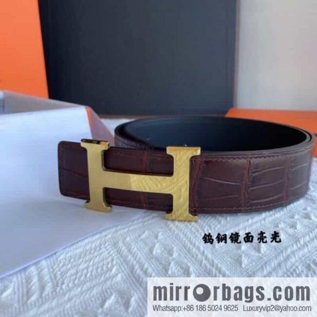 Hermes Hermes, exquisite Wu Gang glossy buckle, imported cowhide pressed crocodile pattern cowhide belt 38cm