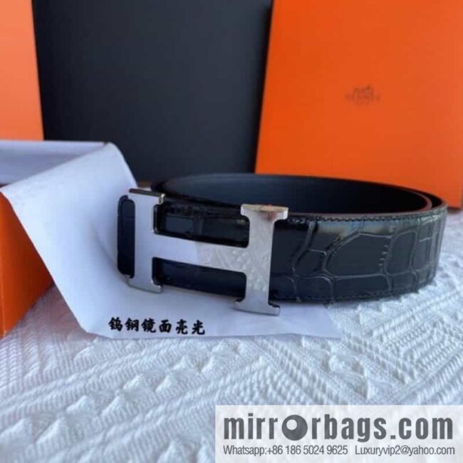 Hermes Hermes, exquisite Wu Gang glossy buckle, imported cowhide pressed crocodile pattern cowhide belt 38cm