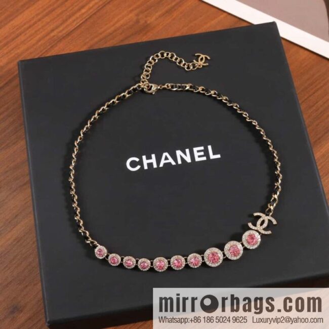 ☀️New ☑️ Chanel Double C Black Leather Rope Pink Diamond Necklace ☀️