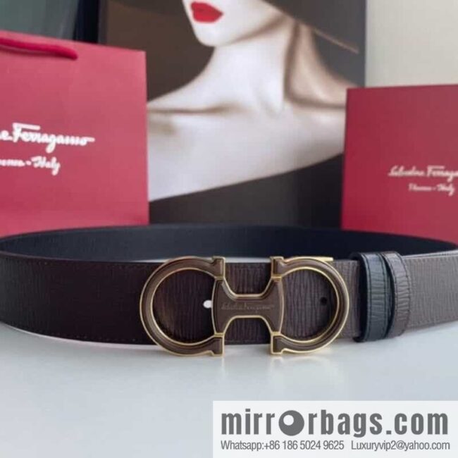 Ferragamo Men\'s Exquisite Acrylic Metal Buckle Top Cowhide Double-sided External Belt 3.5cm