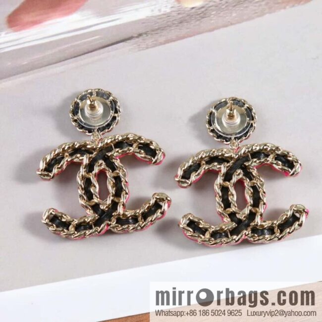 New ☑️ Chanel c2 double c black leather rope stud earrings