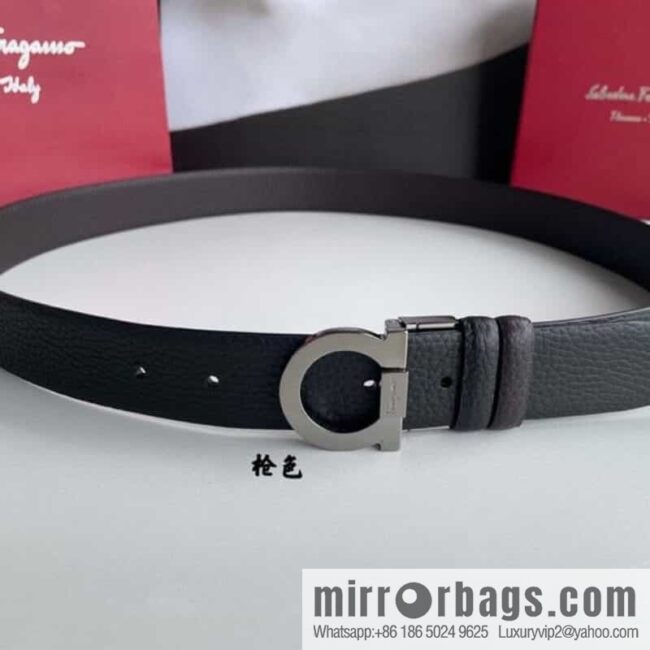 Salvatore Ferragamo Men\'s 3.5cm Exquisite Semicircular Horseshoe Metal Buckle Top Cowhide Double Sided Belt