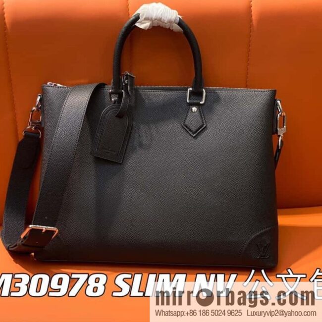[Boutique‑grade] M30978 black full leather cross pattern briefcase series SLIM NV briefcase