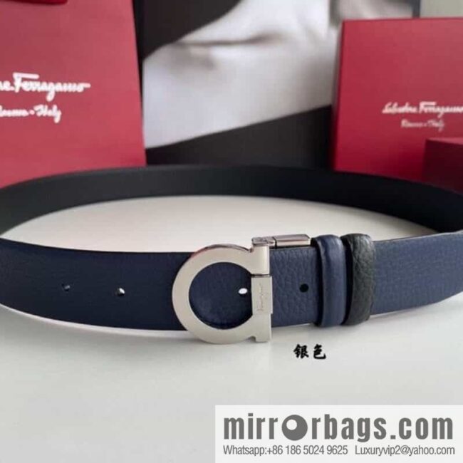 Salvatore Ferragamo Men\'s 3.5cm Exquisite Semicircular Horseshoe Metal Buckle Top Cowhide Double Sided Belt