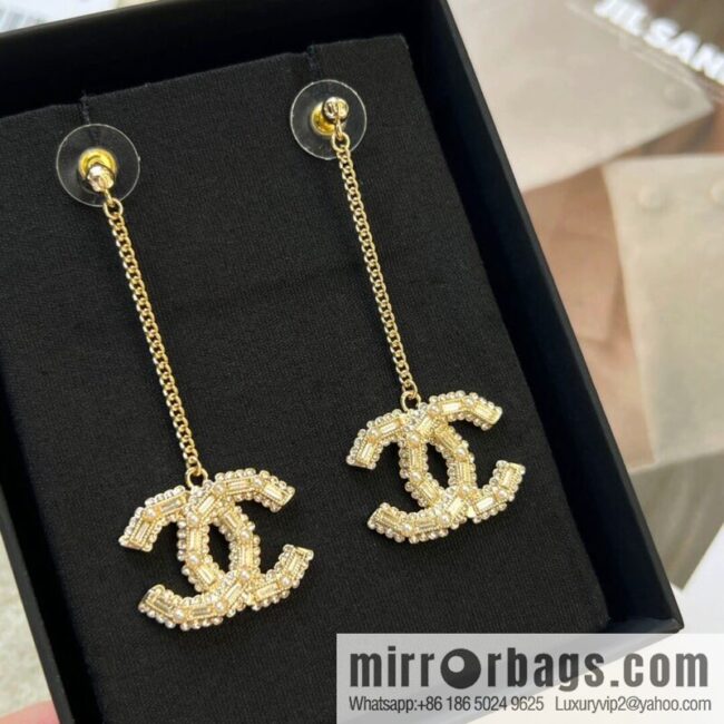 New Chanel c2 double c long full diamond stud earrings