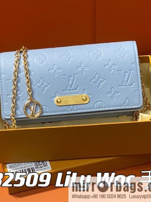 [Premium‑quality] M82509 light blue, full leather embossed chain bag series chain bag woc series LiLy Woc handbag