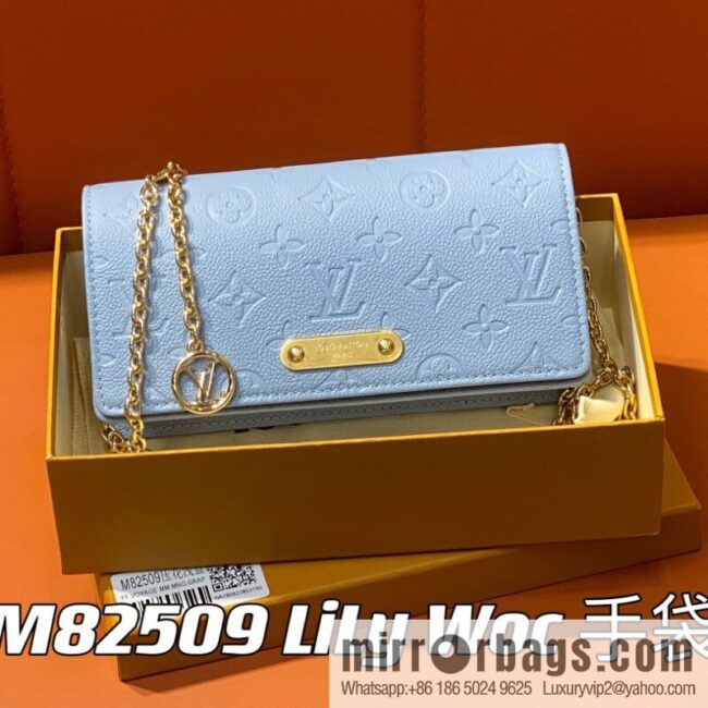 [Premium‑quality] M82509 light blue, full leather embossed chain bag series chain bag woc series LiLy Woc handbag