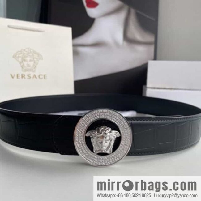 VERSACE Versace, Men\'s Black Cowhide Crocodile Textured Belt 3.8cm