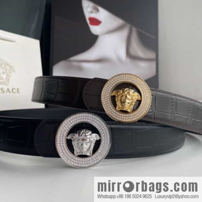 VERSACE Versace, Men\'s Black Cowhide Crocodile Textured Belt 3.8cm
