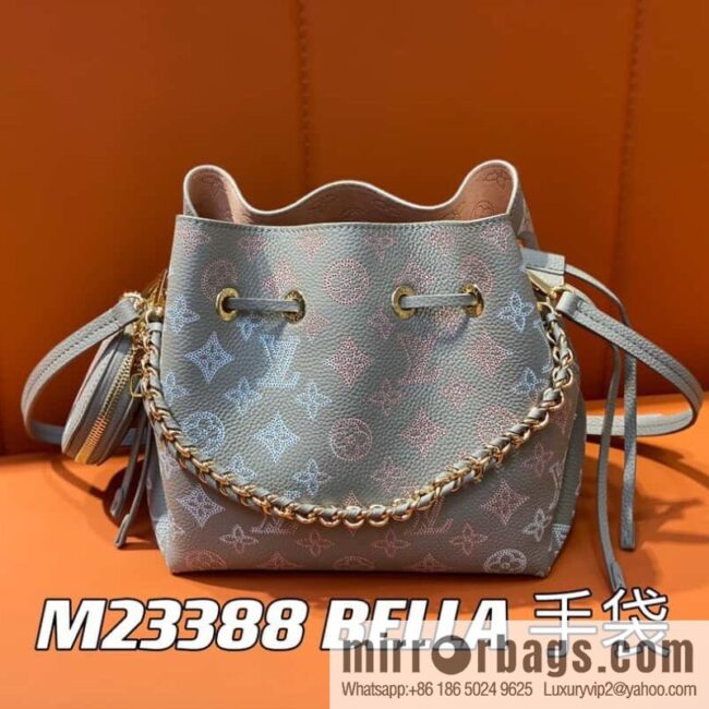 [Premium‑quality] M23388 light gray, full leather bucket bag series BELLA handbag, gray/gradual change (cut-out)