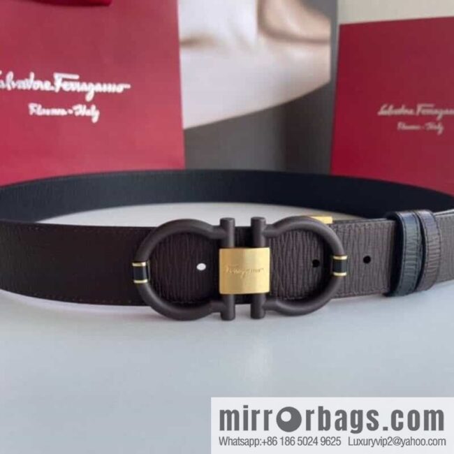 Salvatore Ferragamo Men\'s 3.5cm Delicate Double Circle Horseshoe Counter Version Metal Buckle Imported First Layer Cowhide Embossed Belt