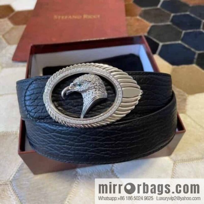 STEFANO RICCI STEFANO RICCI New Stainless Steel Eagle Head Feather Inlaid Diamond Buckle 3.8cm First Layer Cowhide Press Textured Belt
