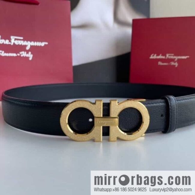 Ferragamo Men\'s Stainless Steel Rolling Sand Metal Buckle, First Layer Cowhide Sheep Textured Belt 3.5cm