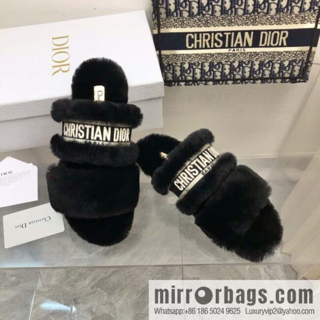 🐰🐰2023-Dior/Dior, white embroidered striped logo velvet one-word flat slippers autumn and winter new wool slippers