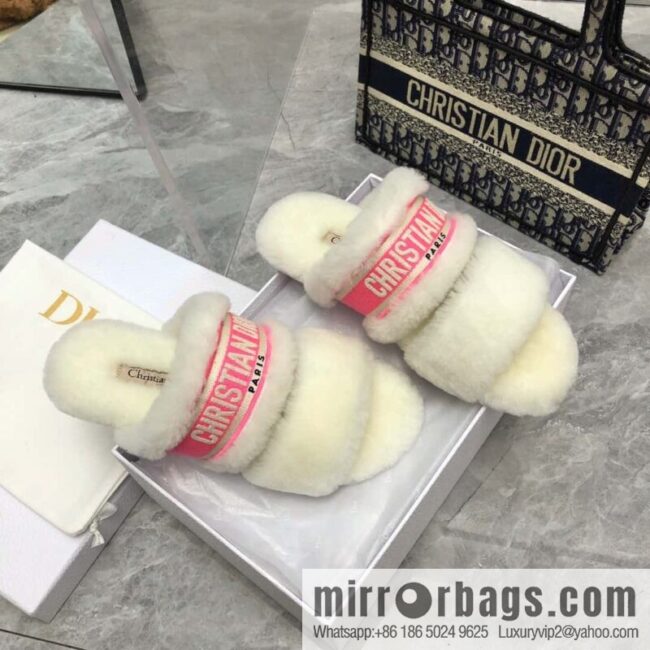 🐰🐰2023-Dior/Dior, white embroidered striped logo velvet one-word flat slippers autumn and winter new wool slippers