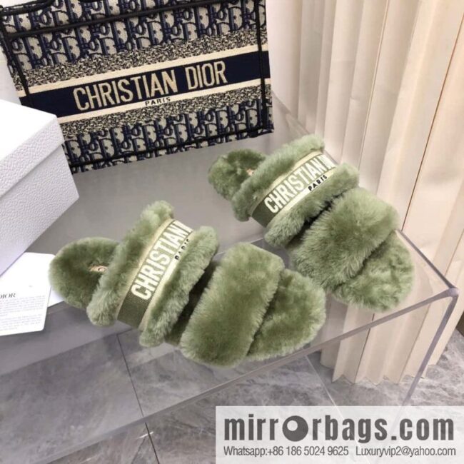 🐰🐰2023-Dior/Dior, white embroidered striped logo velvet one-word flat slippers autumn and winter new wool slippers