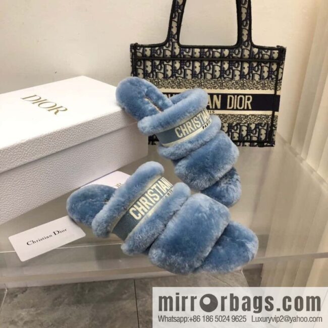 🐰🐰2023-Dior/Dior, white embroidered striped logo velvet one-word flat slippers autumn and winter new wool slippers