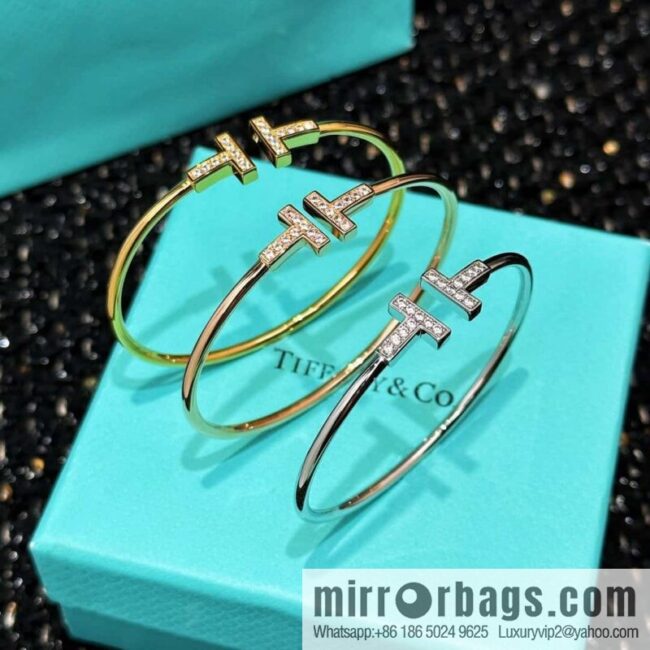 Tiffany & Co ☀️ with Diamonds, Classic T-Series, Double T-Bracelet in Silver Rose Gold with Diamonds ☀️