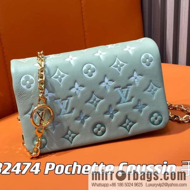 Louis Vuitton LV [Premium‑quality] M82474 green silk screen, full leather chain bag series Pochette Coussin handbag