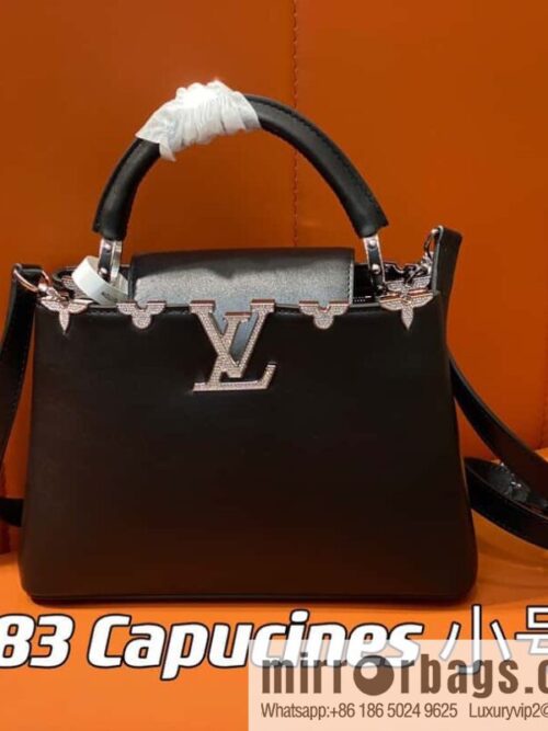 [Boutique‑grade] M51783 black full leather cap that English series, flower crown and white diamond Capucines small handbag