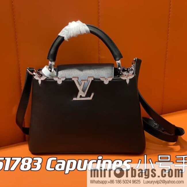 [Boutique‑grade] M51783 black full leather cap that English series, flower crown and white diamond Capucines small handbag