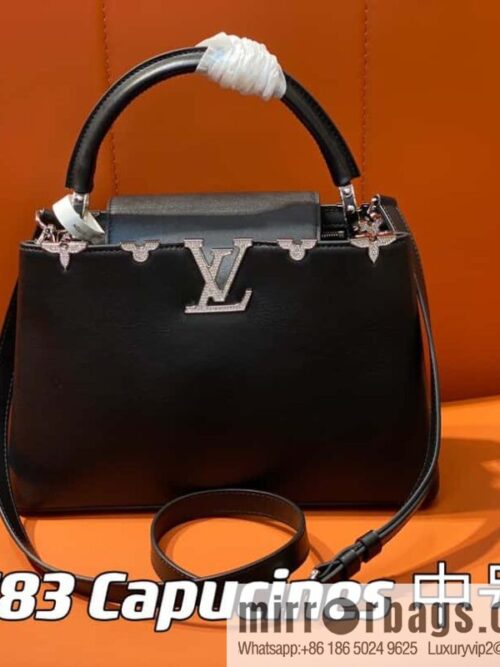 [Boutique‑grade] M51783 black full leather cap that English series, flower crown and white diamond Capucines medium handbag