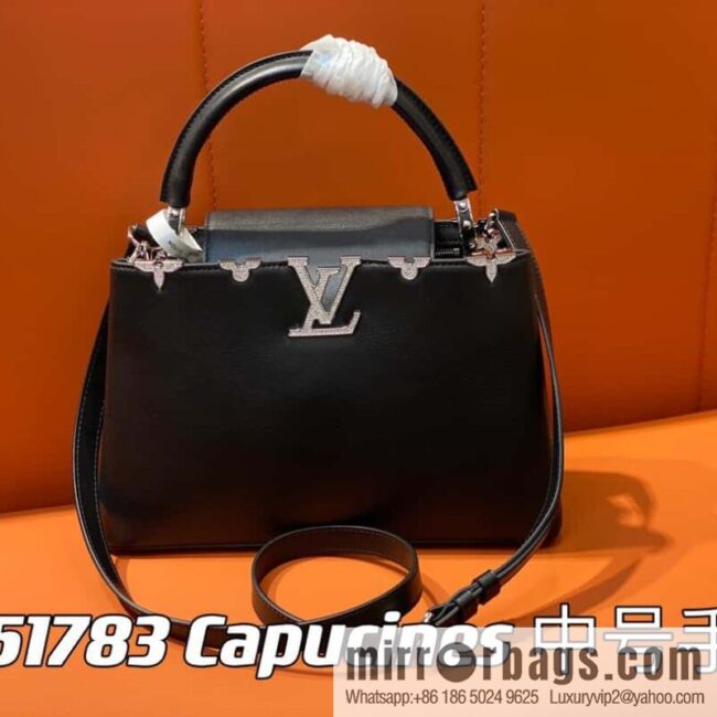 [Boutique‑grade] M51783 black full leather cap that English series, flower crown and white diamond Capucines medium handbag