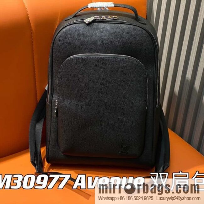 LV [Premium‑quality] M30977 black full leather, cross pattern backpack series Avenue backpack