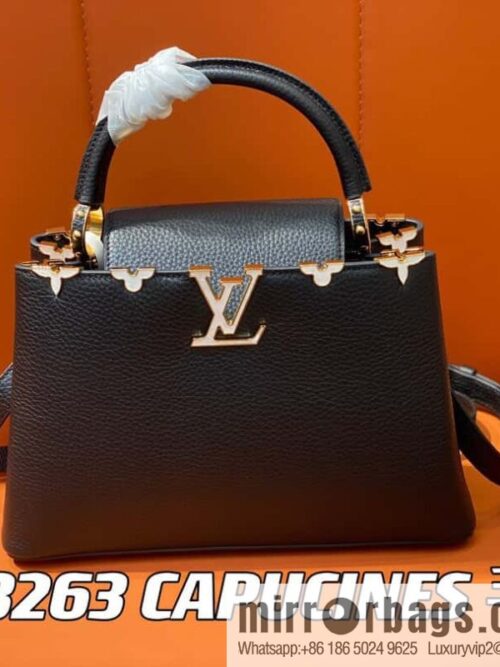 [Premium‑quality] M23263 black full leather cap that English series CAPUCINES medium handbag Capucines BB Flower Crown handbag