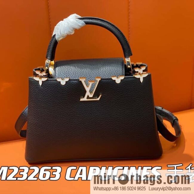 [Premium‑quality] M23263 black full leather cap that English series CAPUCINES medium handbag Capucines BB Flower Crown handbag