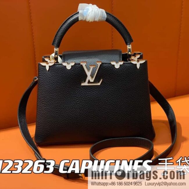 [Boutique‑grade] M23263 black full leather cap Naying series CAPUCINES BB handbag, this Capucines BB Flower Crown handbag