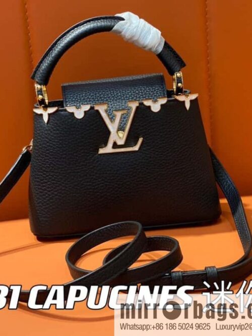 [Boutique‑grade] M23263 black full leather cap that English series CAPUCINES mini handbag Capucines mini Flower Crown handbag