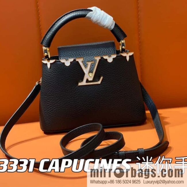 [Boutique‑grade] M23263 black full leather cap that English series CAPUCINES mini handbag Capucines mini Flower Crown handbag